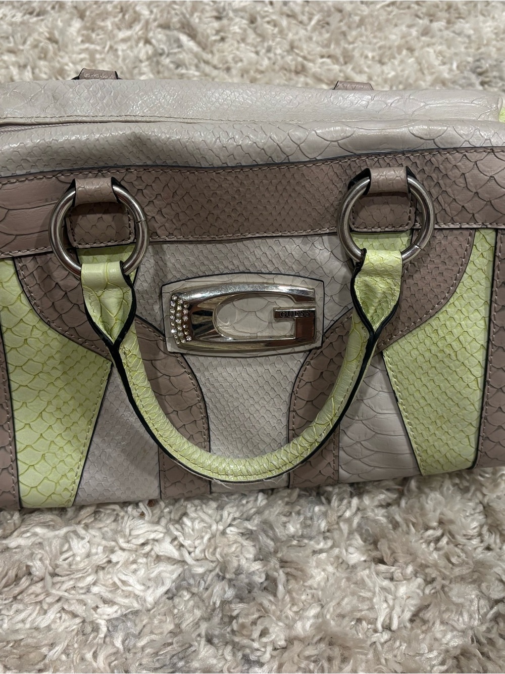 Guess Neutral Taupe and Lime Green Faux-Snake Satchel